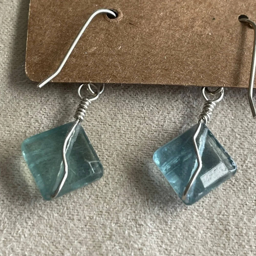 Natural Fluorite Sterling Silver Wire Wrapped Earrings Handmade Gemstone Dangles